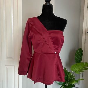 Wine Red One Shoulder Long Sleeve Top